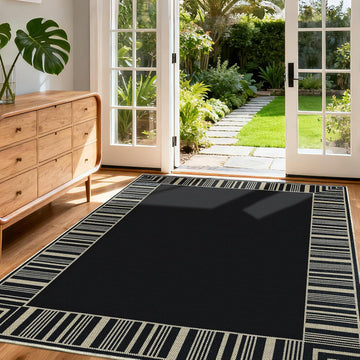 Striped Border Outdoor Rug 5x7 Area Rugs, Washable Rugs Non Slip, Farmhouse Neutral Patio Carpet for Backyard Dining