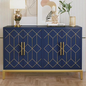 48" Accent Cabinet with 4 Doors and Shelves, Modern Credenza Storage Cabinet with Gold Trim