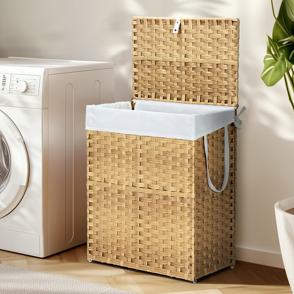 Laundry Basket with Lid, 90L Wicker Laundry Hampers, Goose Yellow