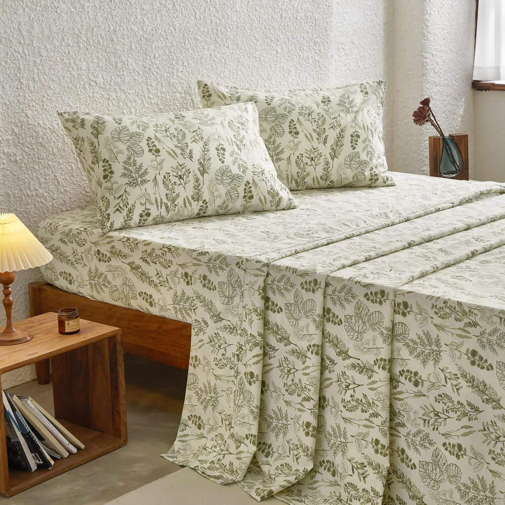 Bed Sheets, 4-Piece Sheet Set, Floral Shabby Chic Leaves Pattern Printed Coquette Vintage Aesthetic