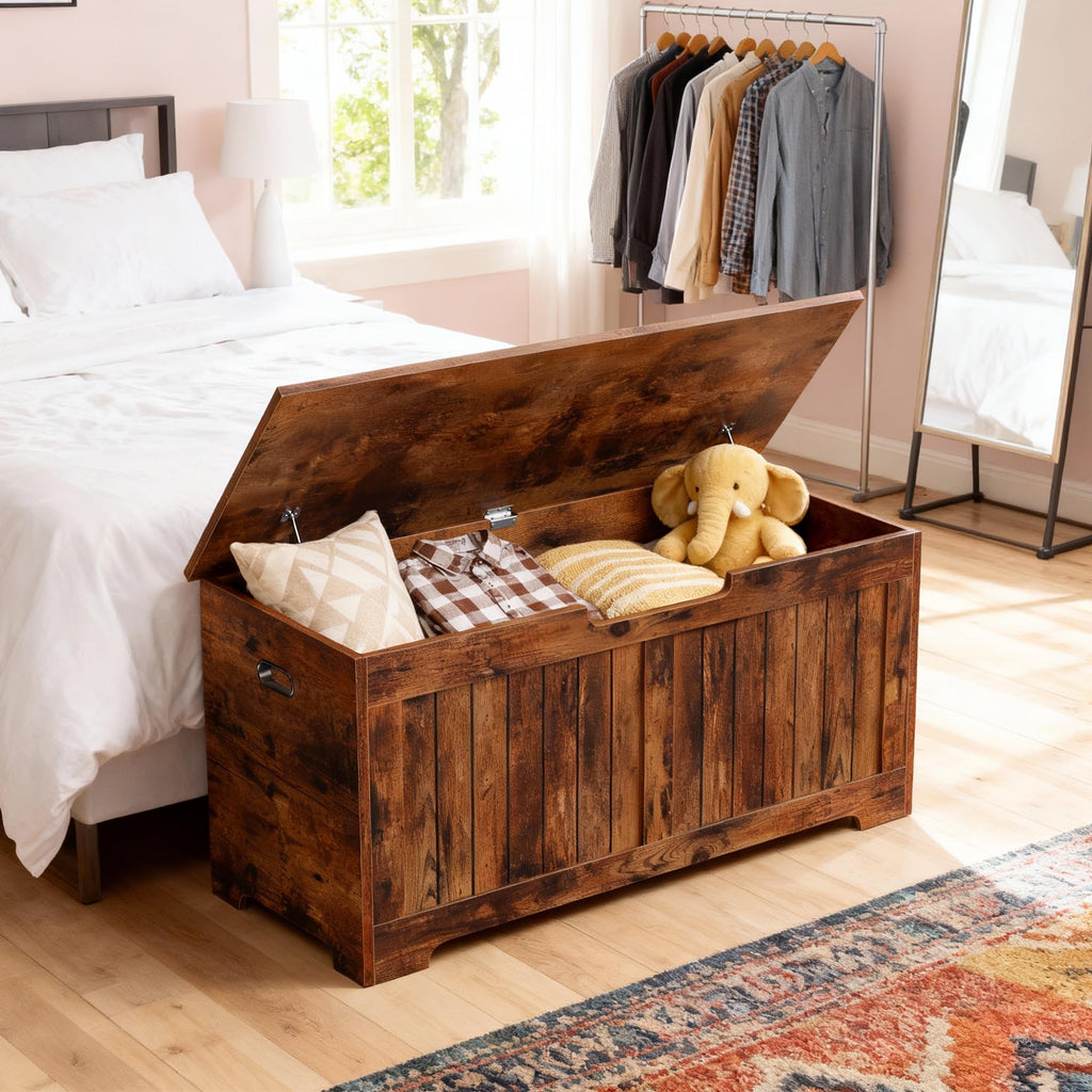 Storage Chest, 39 inches Chest Box Organizer with 2 Safety Hinges, Wooden Entryway Shoe Organizer Storage Bench