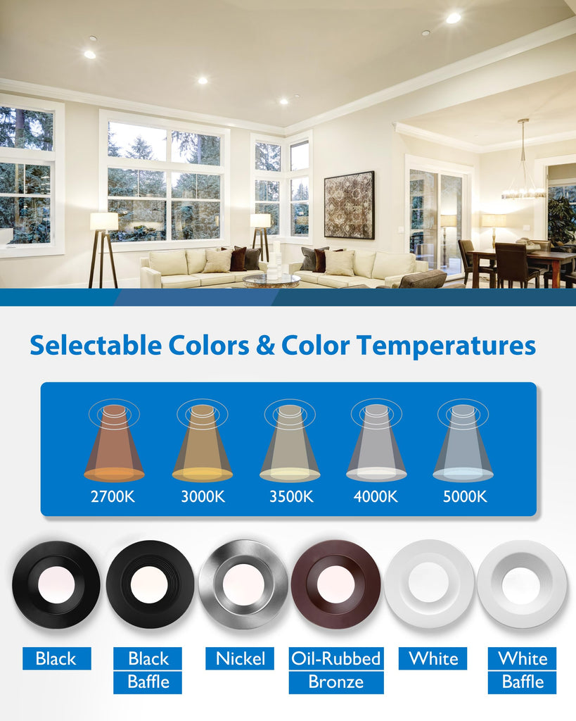 Recessed Ceiling Lights LED Downlight - Dimmable 5/6 inch LED Recessed Light Fixtures - Selectable CCT