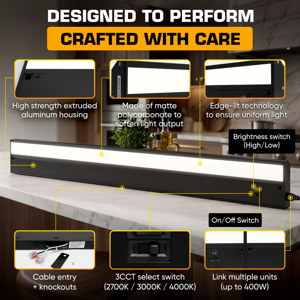 LED Under Cabinet Lighting Hardwired - 3CCT 32 Inch Black Finish - Undercabinet Lights - Linkable Undercounter