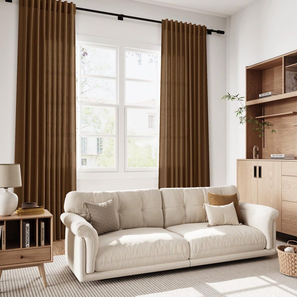 Tobacco Brown Linen Curtains 120 Inch Extra Long Back Tab Light Filtering Semi Sheer Drapes Modern Farmhouse Decor