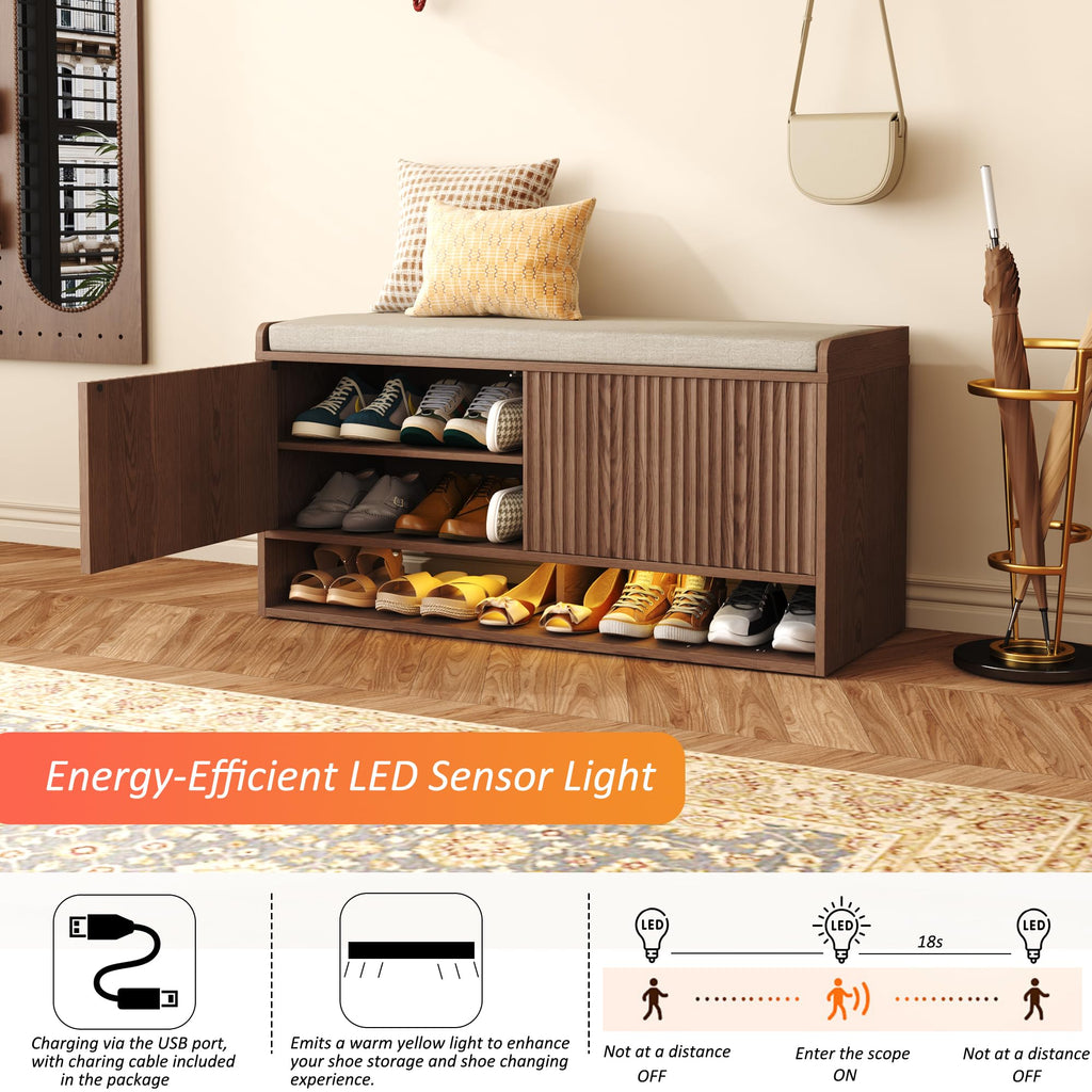 39.4" Fluted Shoe Storage Bench, Entryway Bench with Linen Seat Cushion, Shoe Cabinet Bench with Adjustable Shelf and