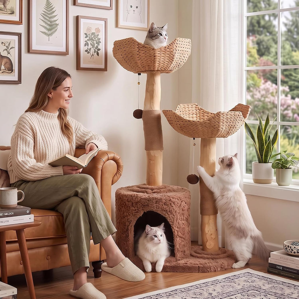 Modern Cat Tree Tower 50" with 2 Handmade Baskets and Large Condo