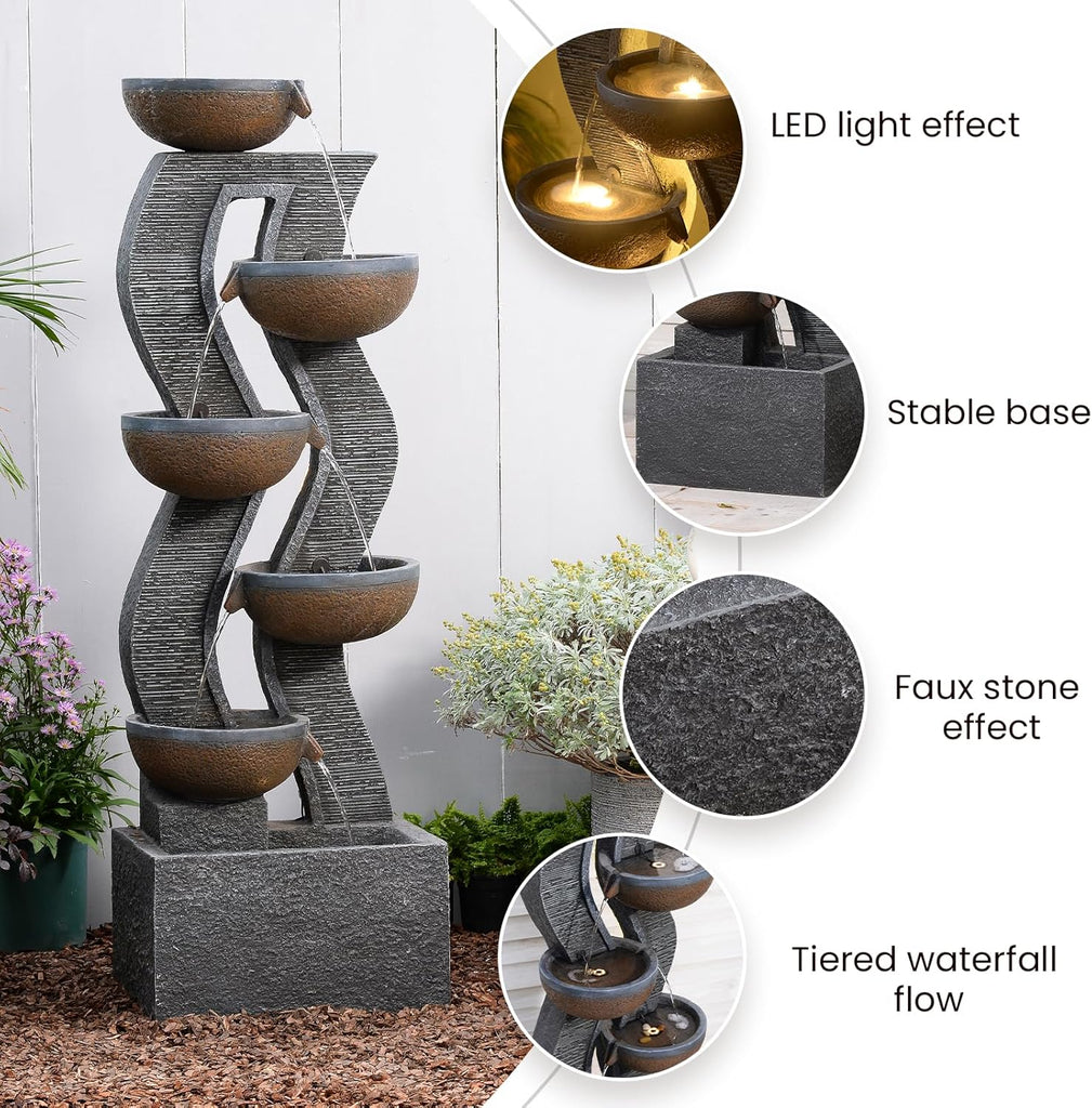 52.8" Tall Outdoor Water Fountain with Lights, 6-Tier Cascading Resin Waterfall Feature