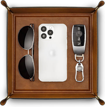Travel Valet Tray, Foldable PU Leather Catchall Tray, Light Brown