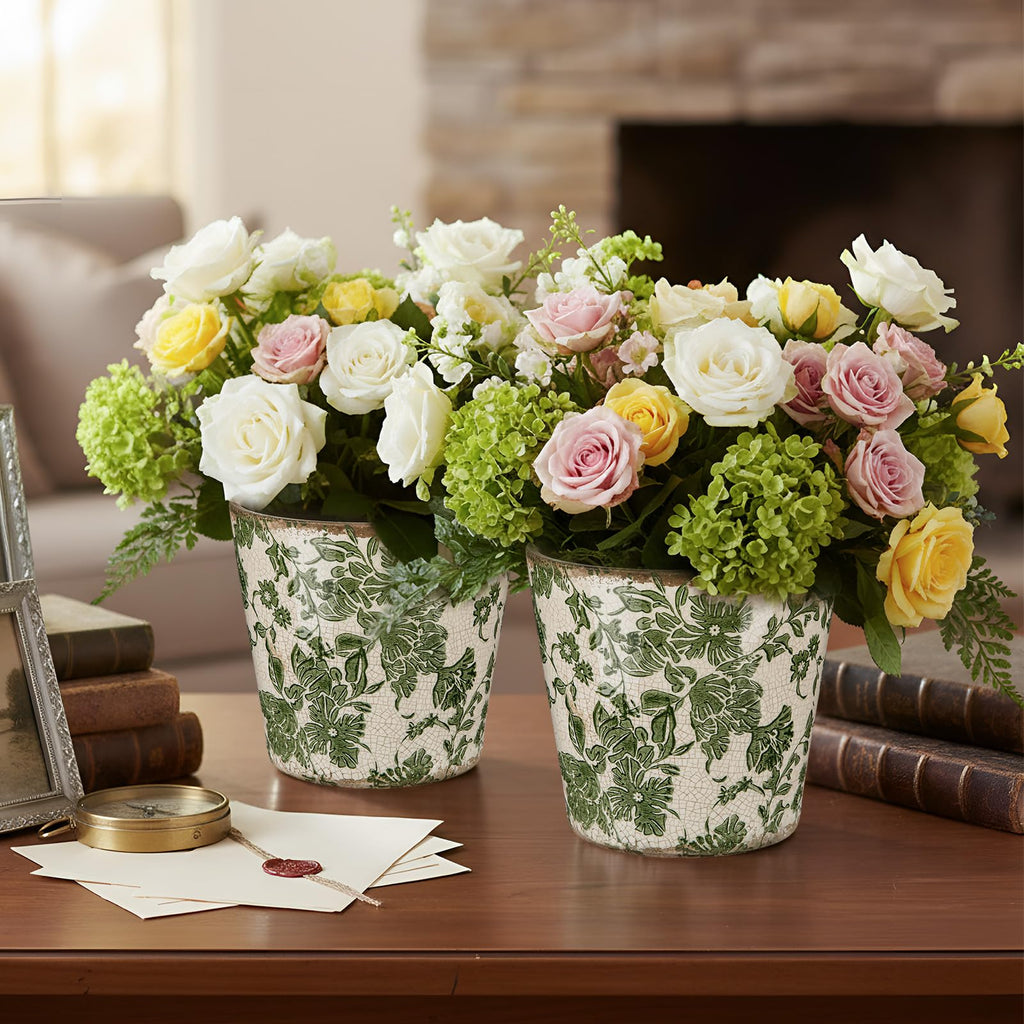 2 Pcs Farmhouse Ceramic Planters Gifts Set 5.1"x 5.5" Christmas Vintage Flowers Pots Green Ice Crackle Glazed Plants