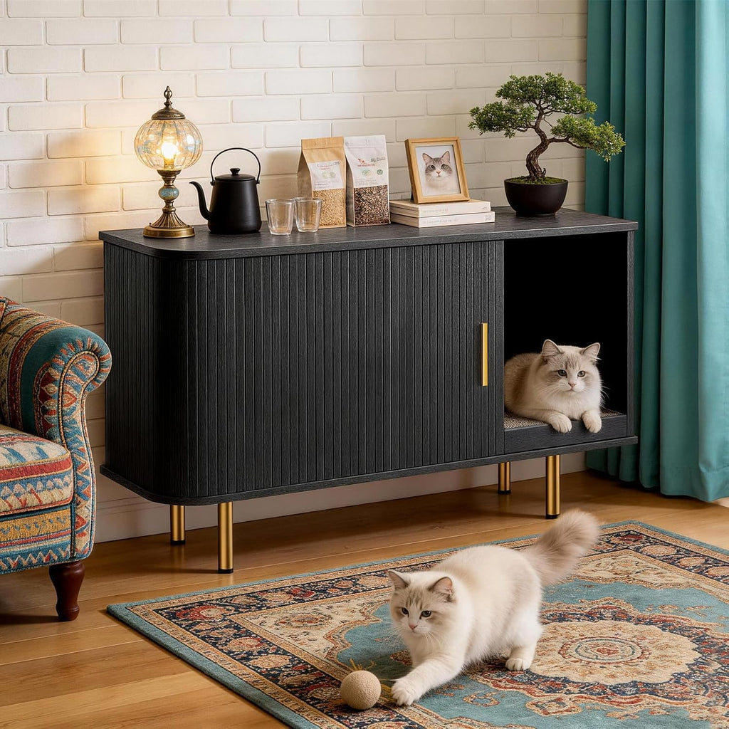 Cat Litter Box Enclosure with Scratch Pad, Sliding Door, 38.5" Cat Litter Furniture Hidden Litter Box Cabinet, Modern