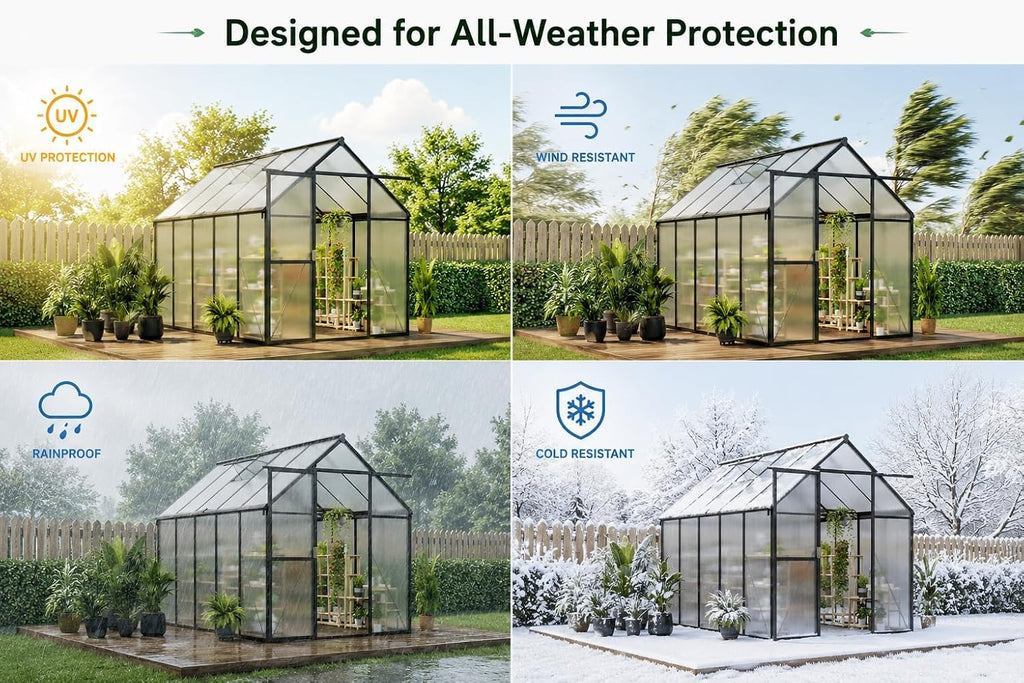 6x10 FT Greenhouse, Easy Assembly Aluminum Polycarbonate Greenhouses for Outdoors with Roof Vent, Large Aluminum