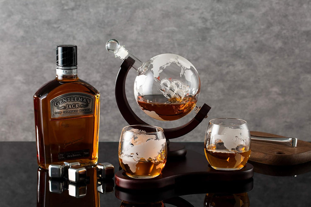 Whiskey Globe Decanter Set with 2 Glasses in Gift Box - Whiskey decanter for Liquor, Whiskey, Brandy, Gin, Rum - Set of 3