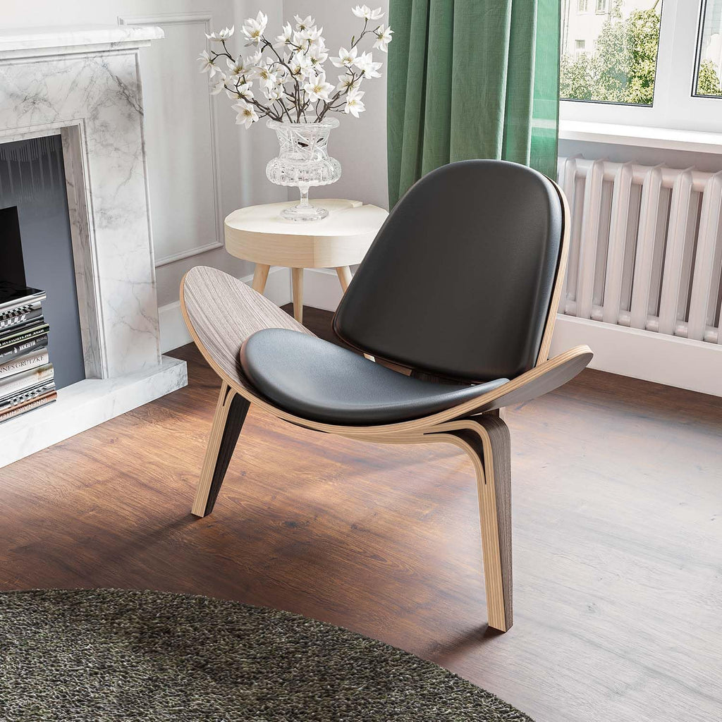 Mid Century Modern Shell Lounge Accent Chairs, Faux Leather