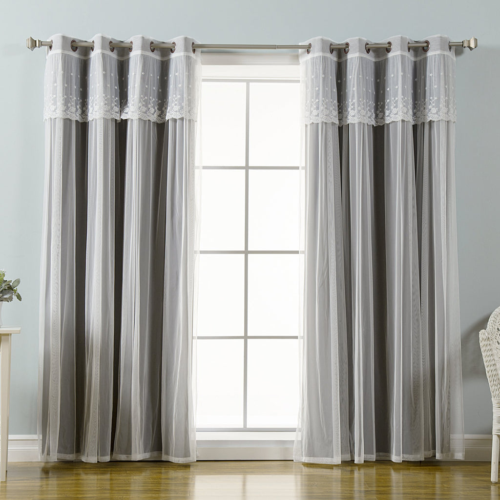 Fashion Mix & Match Tulle Sheer with Attached Valance & Solid Blackout Curtain Set - Stainless Steel Nickel Grommet