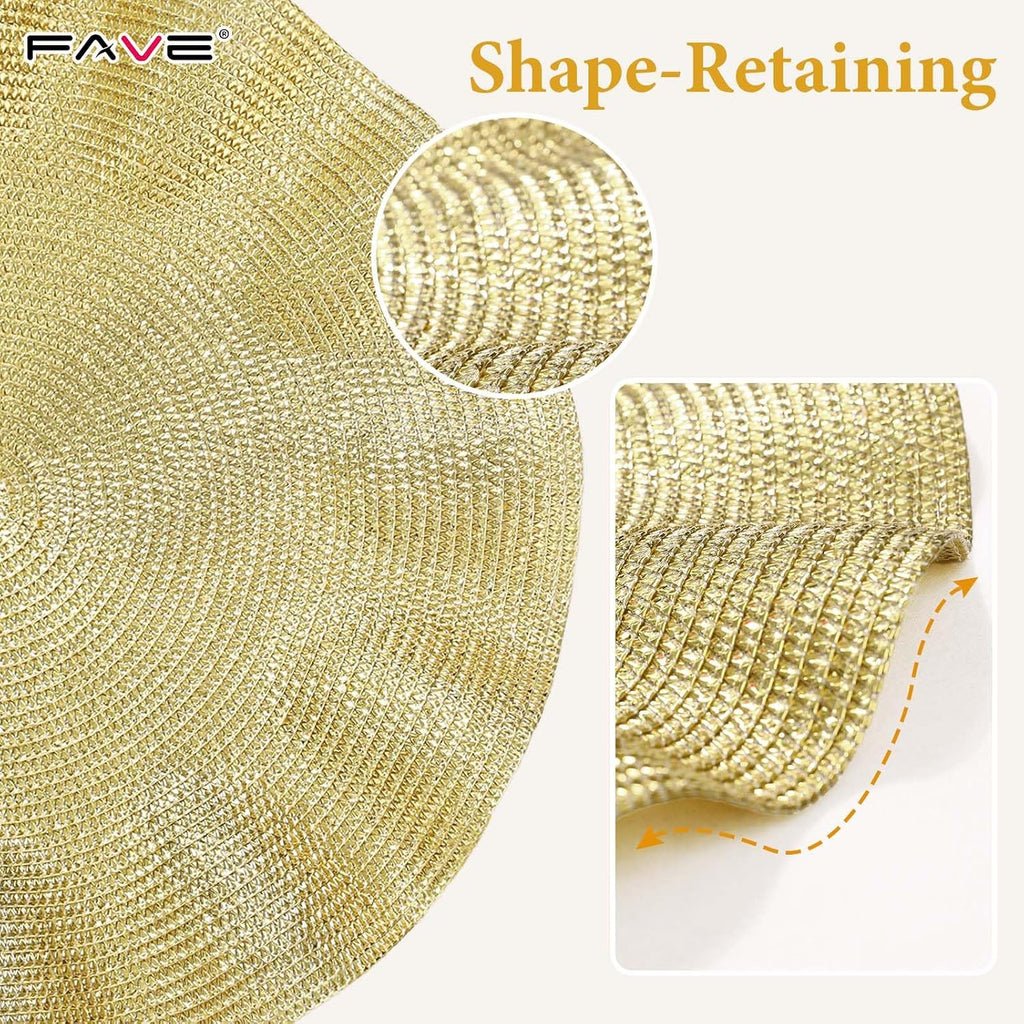 Gold Woven Placemats, Round Table Mats with Scalloped Edge - Set of 6