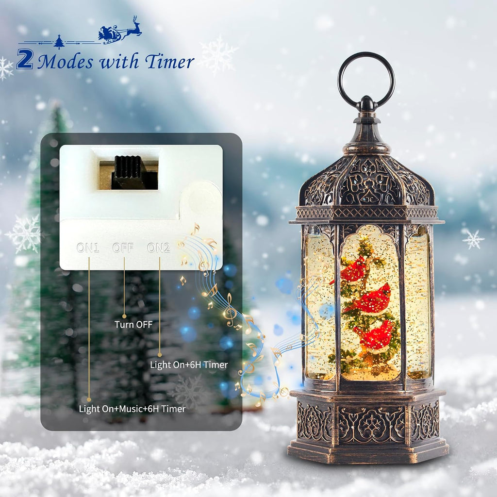 12.8" Lighted Musical Christmas Snow Globe Lantern with Three Red Cardinals in Tree, Swirling Glitter, Antique
