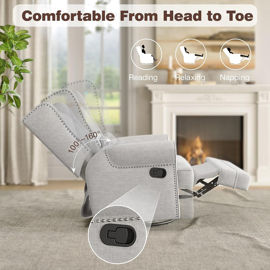 Manual Swivel Rocker Recliner w/ Lumbar Support, Linen Nursery Glider, Gray | 360° Swivel, Nailhead Trim
