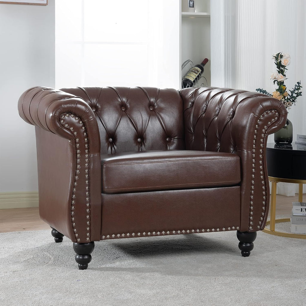 Leather Chesterfield Chair, Mid-Century Modern Single Sofa Chair, Tufted Upholstered Rolled Armchair Bedroom Reading