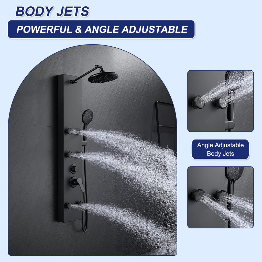 Shower Panel Tower System with Adjustable 6 Body Jets, Matte Black
