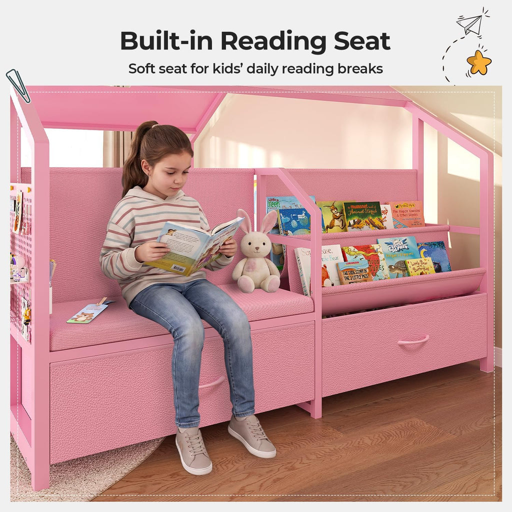 Montessori Full Size Floor Bed, Safety Guardrails, Reading Nook, Pink | House Shape, Wide Soft Padded Seat, Sling