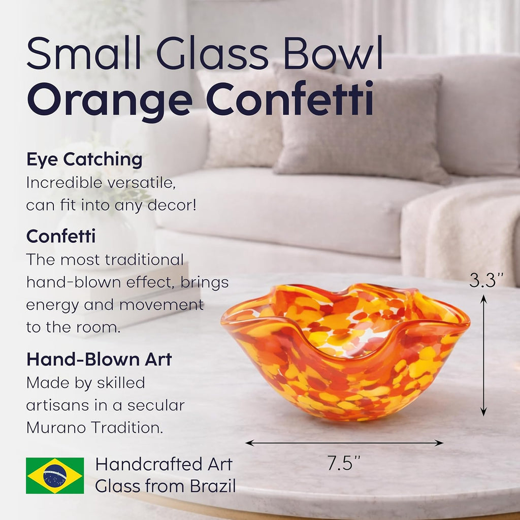 Murano Style Decorative Orange Glass Bowl Confetti Effect Hand Blown Art Glass Crystal, Room Decoration