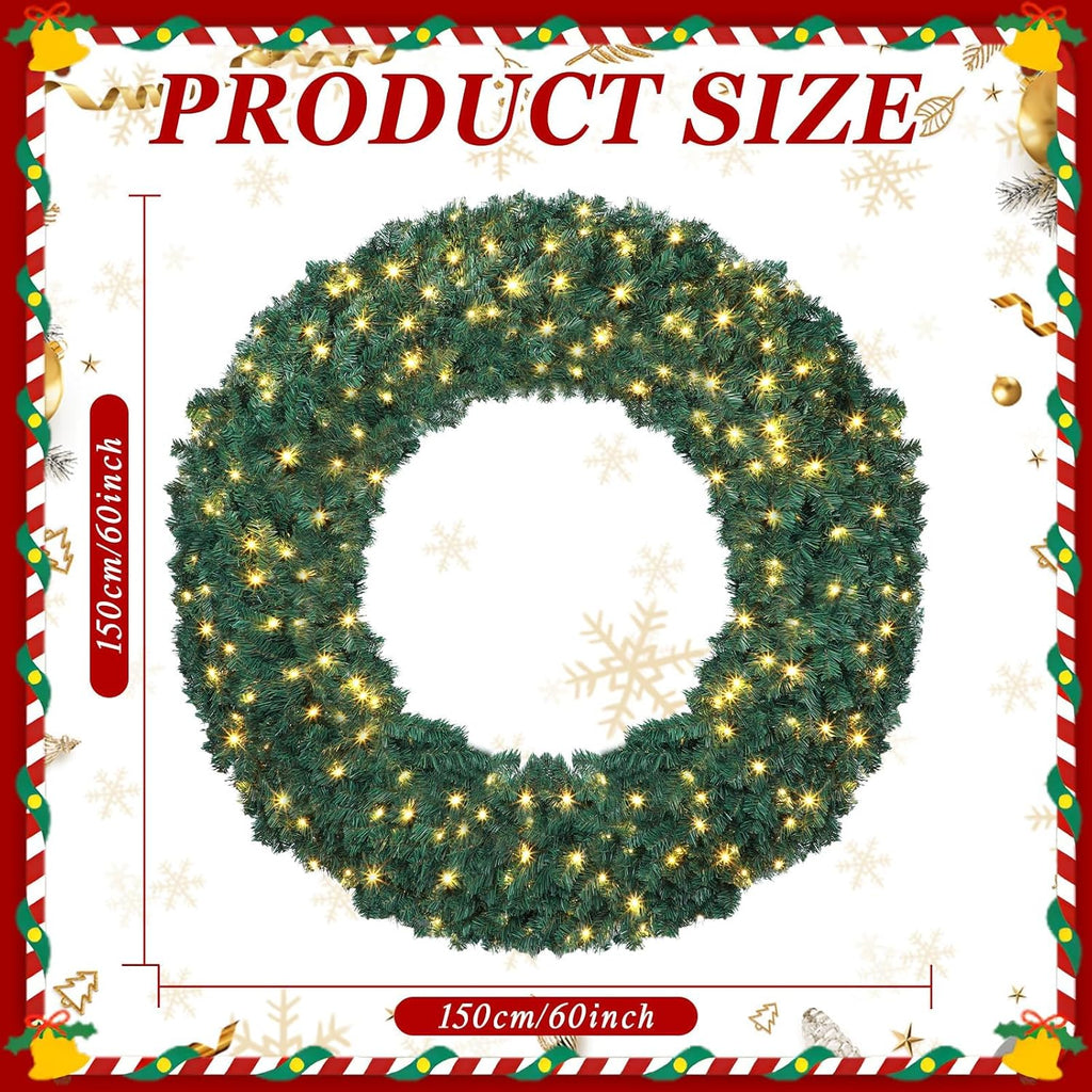 60 Inch Large Prelit Christmas Wreath with 300 Warm White String Lights 8 Lighting Modes Artificial Outdoor Indoor