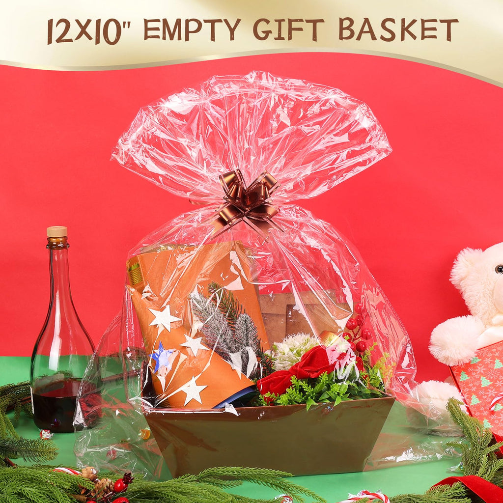10PACK Baskets for Gifts Empty, 10x12"Thick Brown Gift Basket with Handles 10 Bows 10 Bags Empty Gift Baskets for