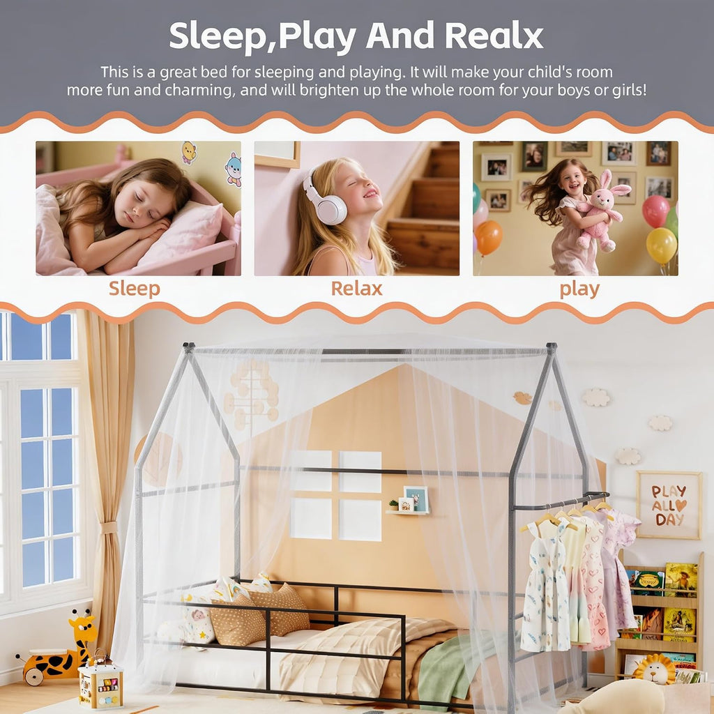 Montessori Bed Metal with Guardrails & Built-in Clothing Rack, No Box Spring Required, Black