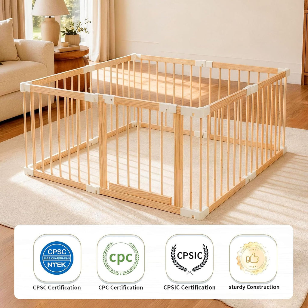 Baby Playpen, Wooden Play Yard with Gate, Playpen for Babies and Toddlers, Baby Activity Center with Child-Proof