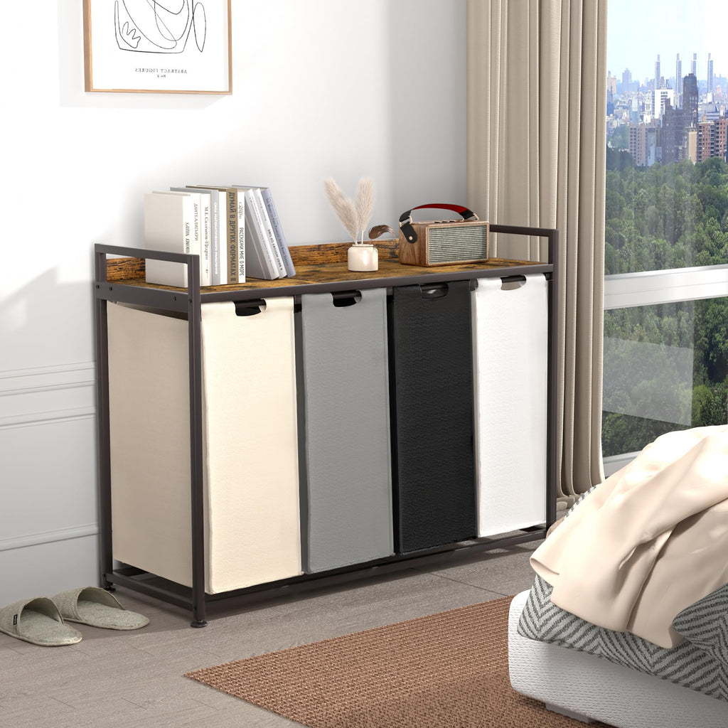 Laundry Hamper with Shelf, Laundry Basket 4 Section, Laundry Sorter with Pull-Out Removable Large 4 Color Bags and