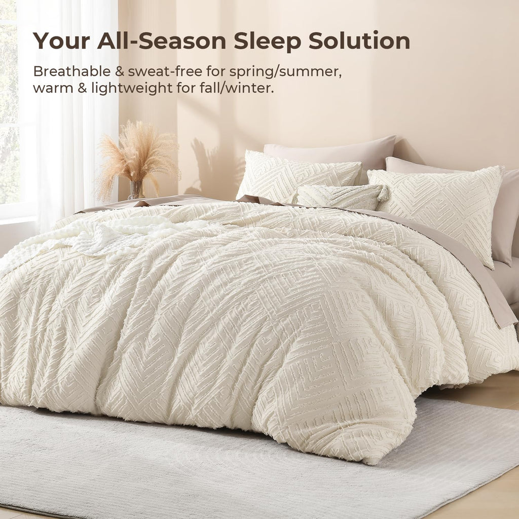 Queen Size Comforter Set, 3 Pieces Beige Tufted Boho Bedding Set