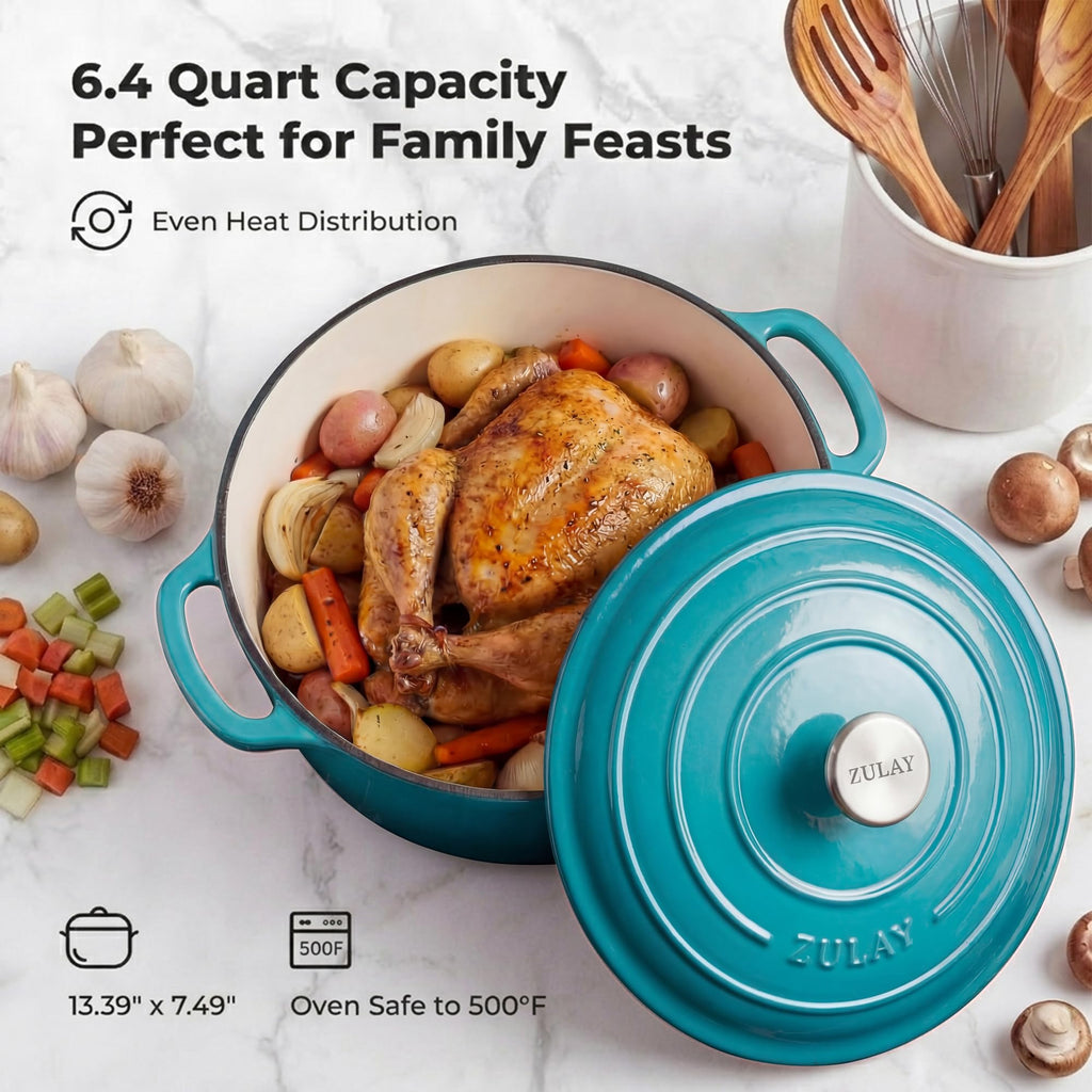 6.4QT Enameled Cast Iron Dutch Oven Pot with Lid, Heavy-Duty Soup Pot for Stews, Braising, Roasting & Sourdough Bread