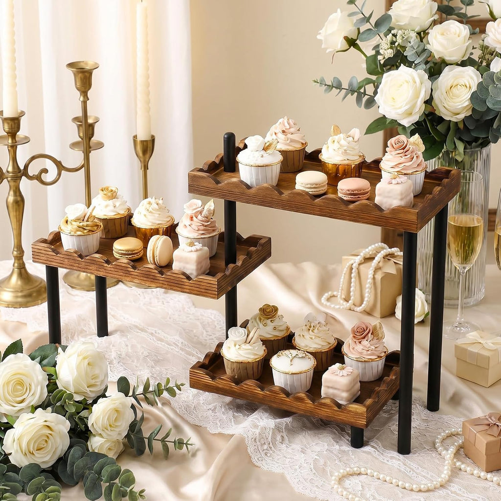 3 Tier Serving Tray & Wood Display Risers for Party,Rotatable Cupcake Stand