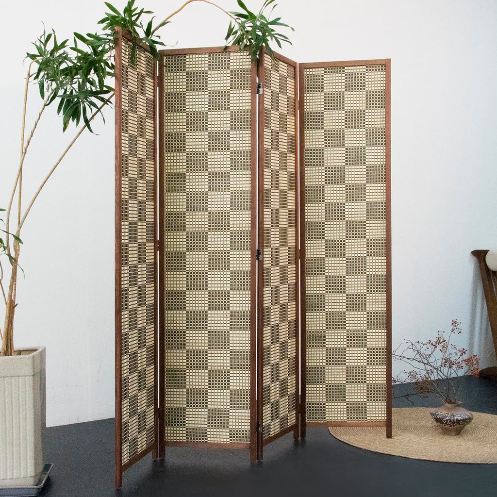 4 Panel Bamboo Room Divider, Gray Checker Folding Privacy Screen