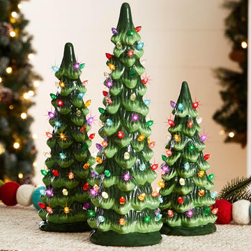 Set of 3 Ceramic Christmas Trees, Pre-Lit Hand-Painted Tabletop Holiday Decoration w/Multicolor Bulbs, LED Lights