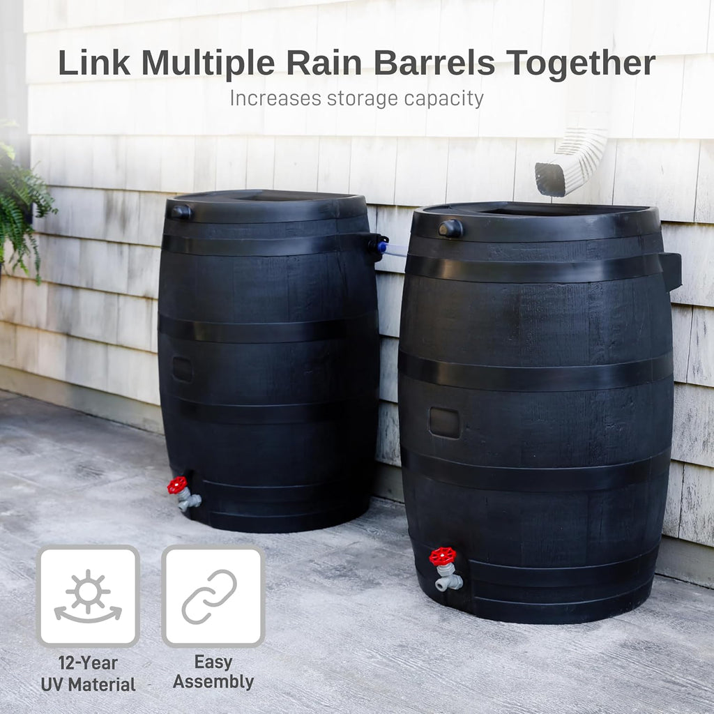 50-Gallon ECO Rain Barrel Made with 100% Recycled Plastic, Flat Back Rain Water Collection Barrel, Stand Included