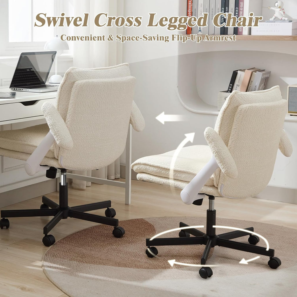 Criss Cross Legged with Wheels and Flip-Up Arms, Upholstered Criss Cross Desk Chair, Wide Seat Chairs for Home