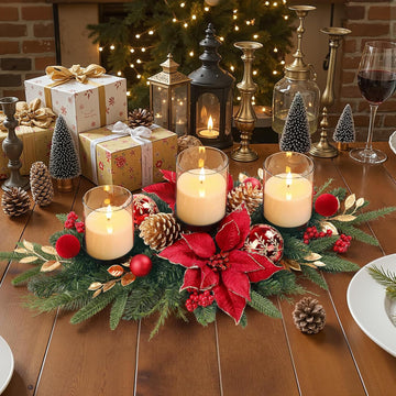 28" Red Gold Christmas Centerpiece with 3 Candle Trays,1 Pcs