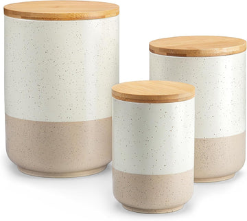 Sabine Kitchen Canister, Ceramic Food Storage Containers with Airtight Wood Lids, Countertop & Pantry - Set of 3