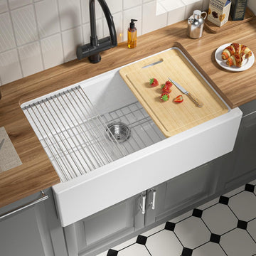 Self Trimming Farmhouse Sink 33 Inch, White Workstation Kitchen Sink | Tall Apron Front 33"x20"x10" Fireclay,Heavy