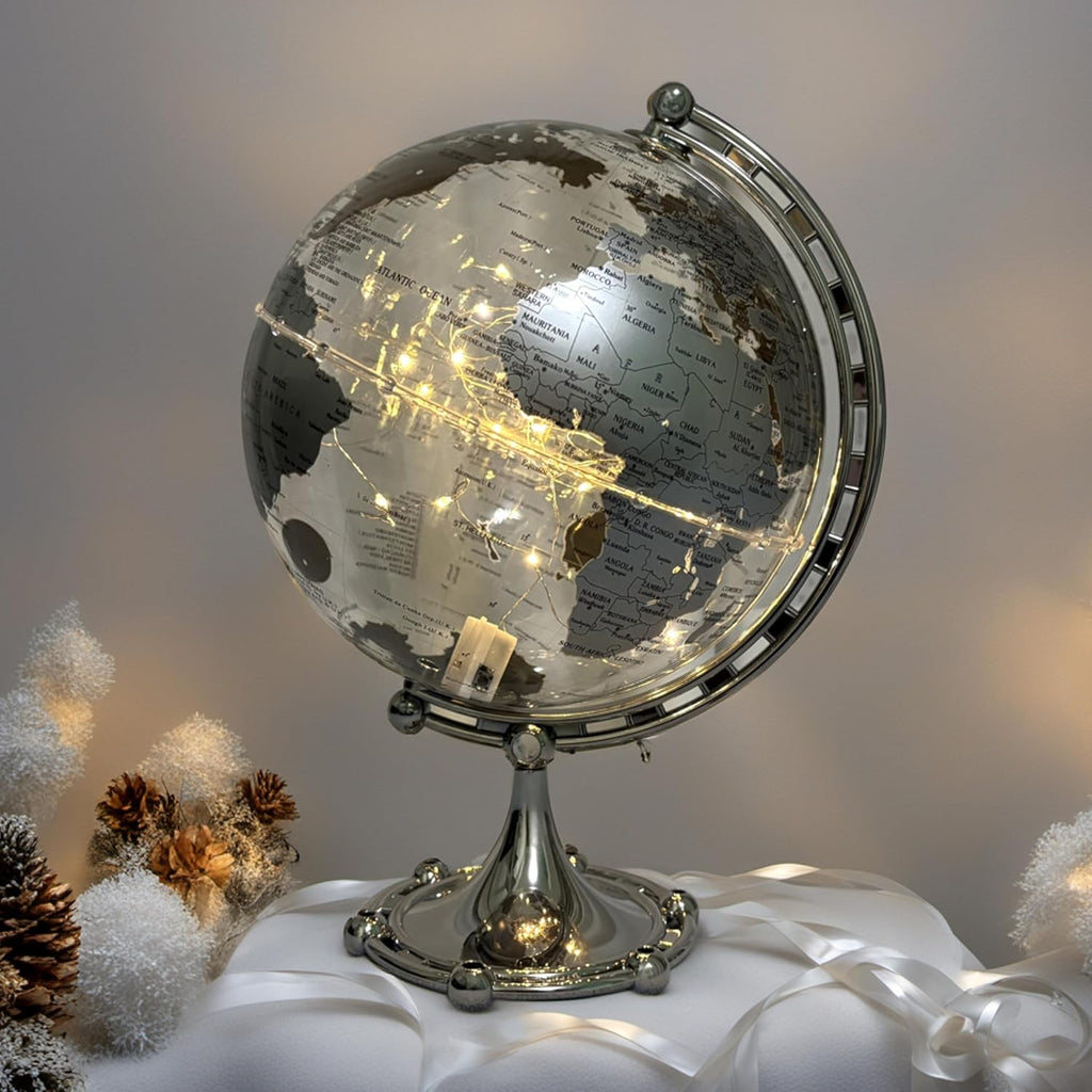 Silver Earth Globe, Diam. 20 cm/7.9 inches, World Map, 3 meter String Lights, Warm White Light