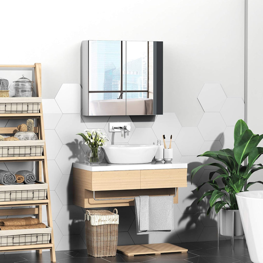 Bathroom Mirrored Cabinet Steel Frame Double Doors 24"x22" White | Medicine Cabinet, Wall-Mounted Storage Organizer