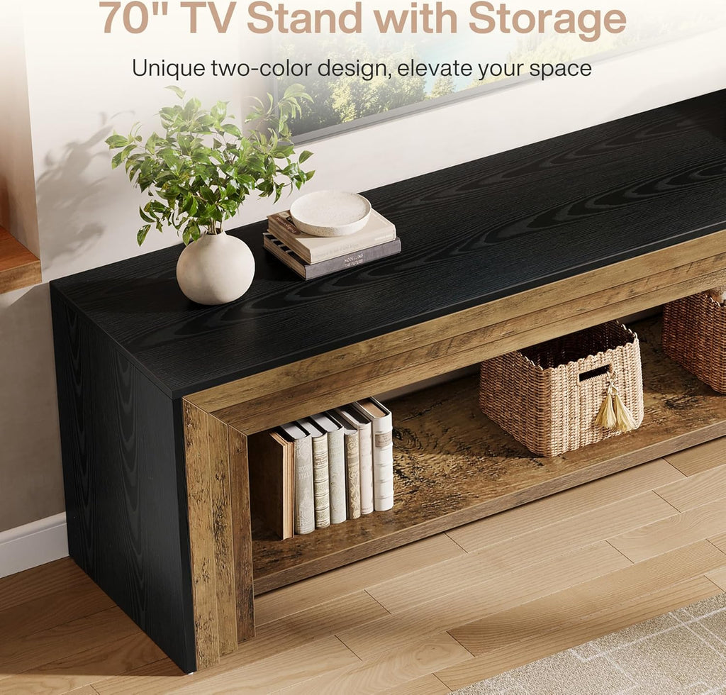 70" Long TV Stand for 75-Inch TV, Farmhouse Entertainment Center | Low Media Console Wooden Television Stand for