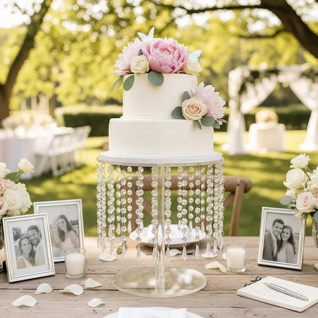 Round Cake Stand - 12 Inch Diameter Acrylic Dessert Display Stand with Crystal Chandelier, Cupcakes Serving Plate