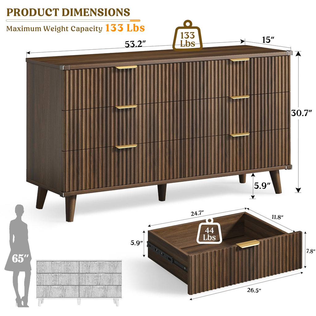 Wood Tall 6 Drawers Dresser, 53.2" W Fluted Modern Dressers