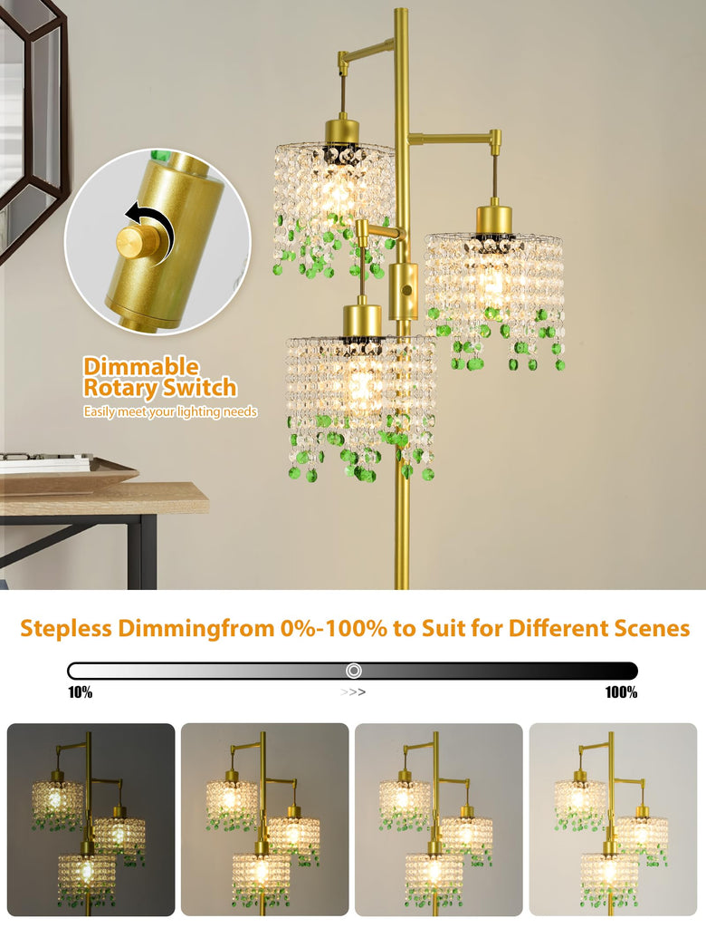 64" Crystal Floor Lamp with 3 Lights, Elegant Crystal Floor Lamp, Modern Standing Lamp, Gold Metal Base, K9 Crystal