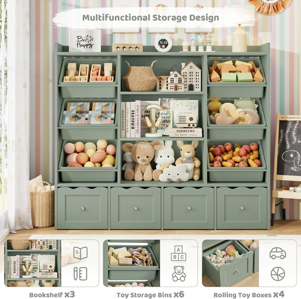 55" W Kids Toy Storage Organizer with 10 Toy Box & Book Shelf, Green | Large Toy Organizers and Storage with Kids