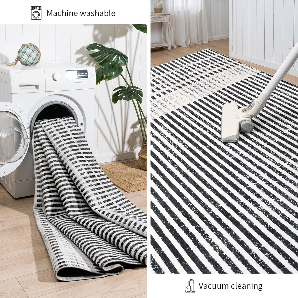 Washable Modern Striped Area Rug, Abstract Living Room Rug