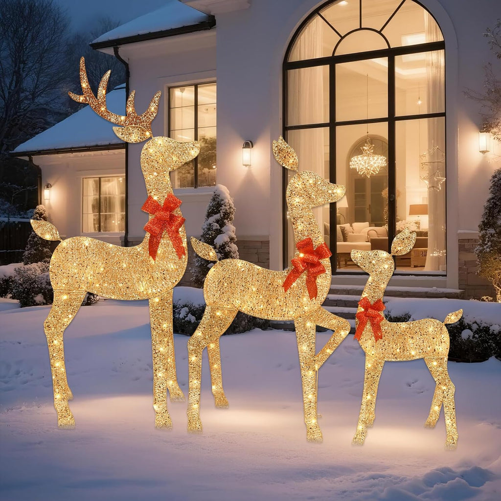 5 FT Oversized Christmas Decorations Outdoor Lighted Reindeer - 3-Piece 2D Deer Family Set with 160 Warm White LED