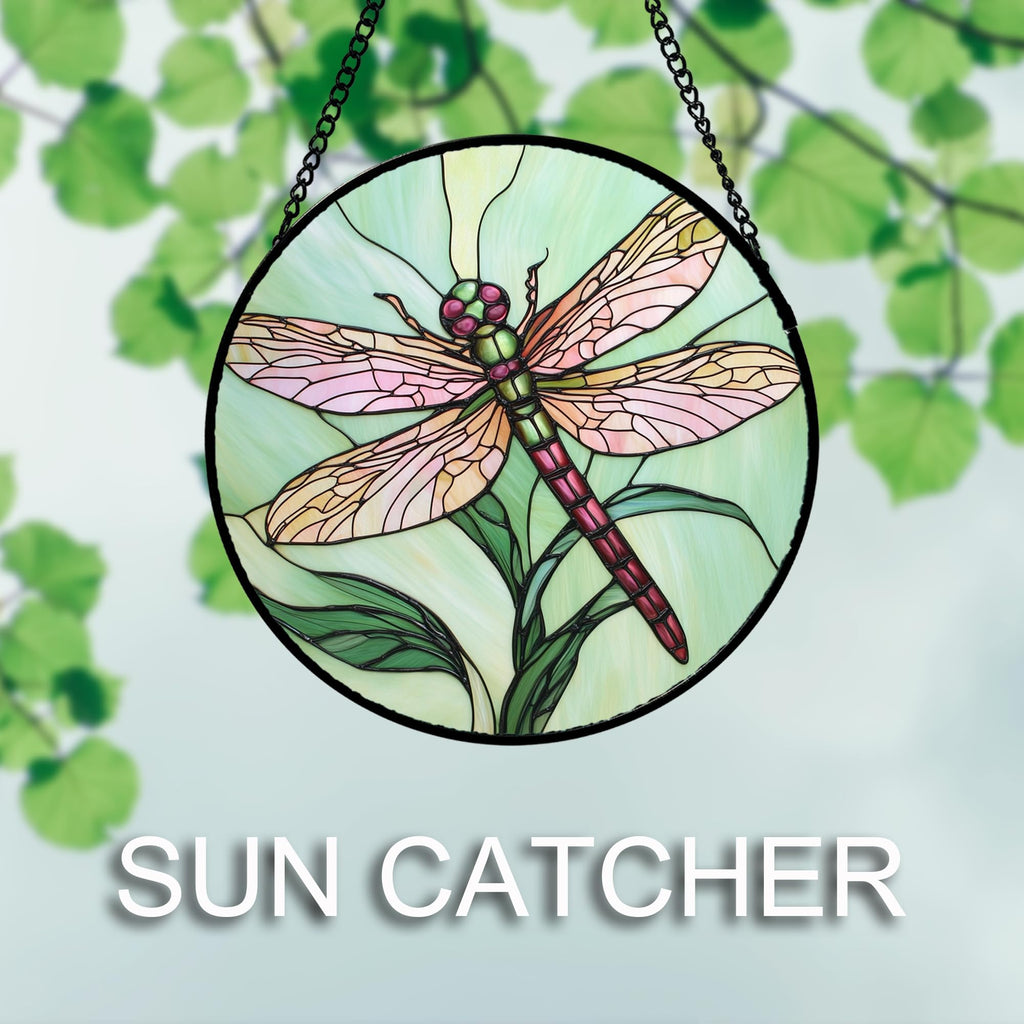 Stained Glass Window Hanging 4 Pcs Set Pink Green Insect Theme Large 11.8" - Butterfly Suncatcher Door Garden Decor